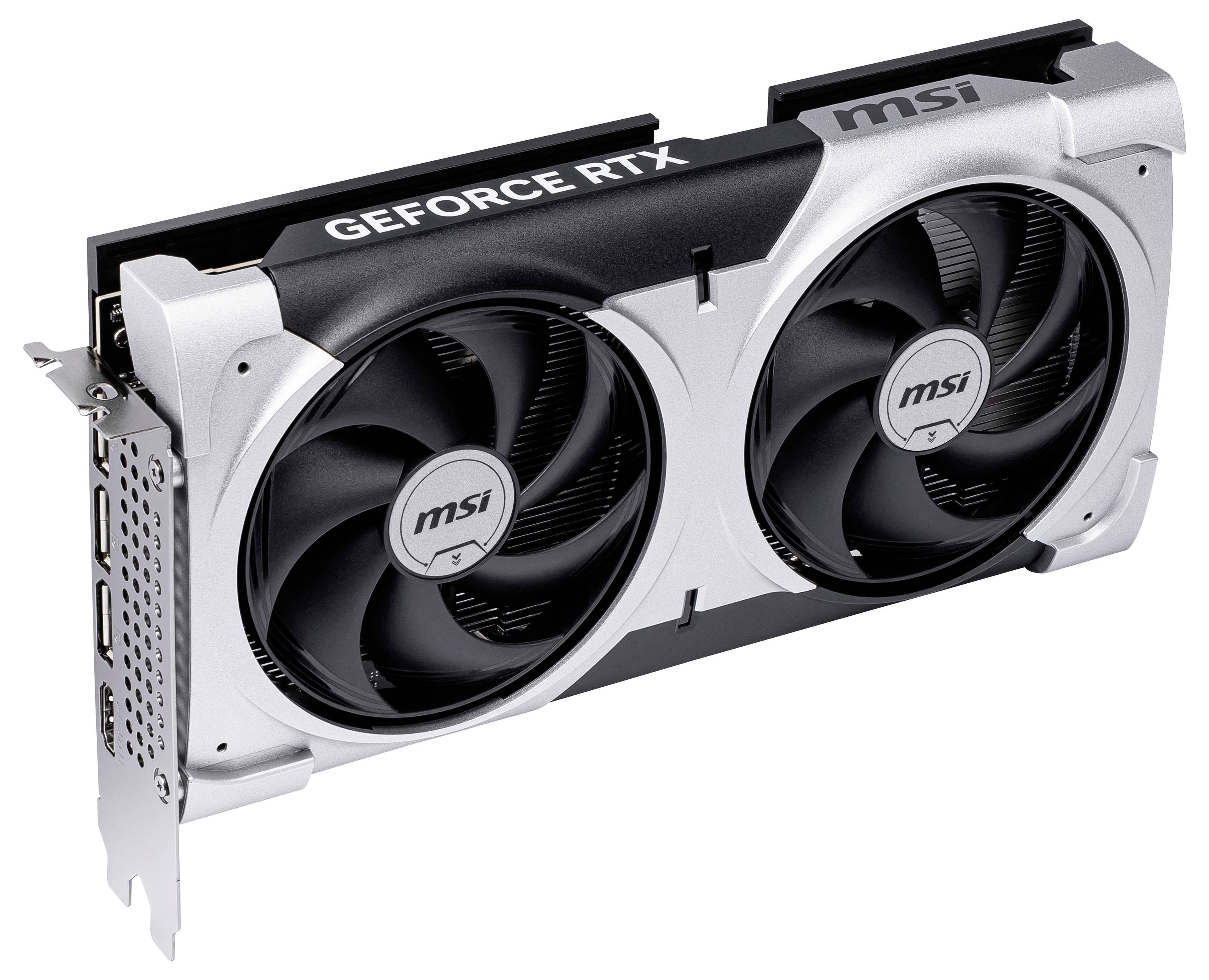 Eine GeForce RTX Grafikkarte mit zwei Lüftern von MSI, zeigt die Kühlausstattung und den Anschlussbereich, ohne spezifische Modellnummer.