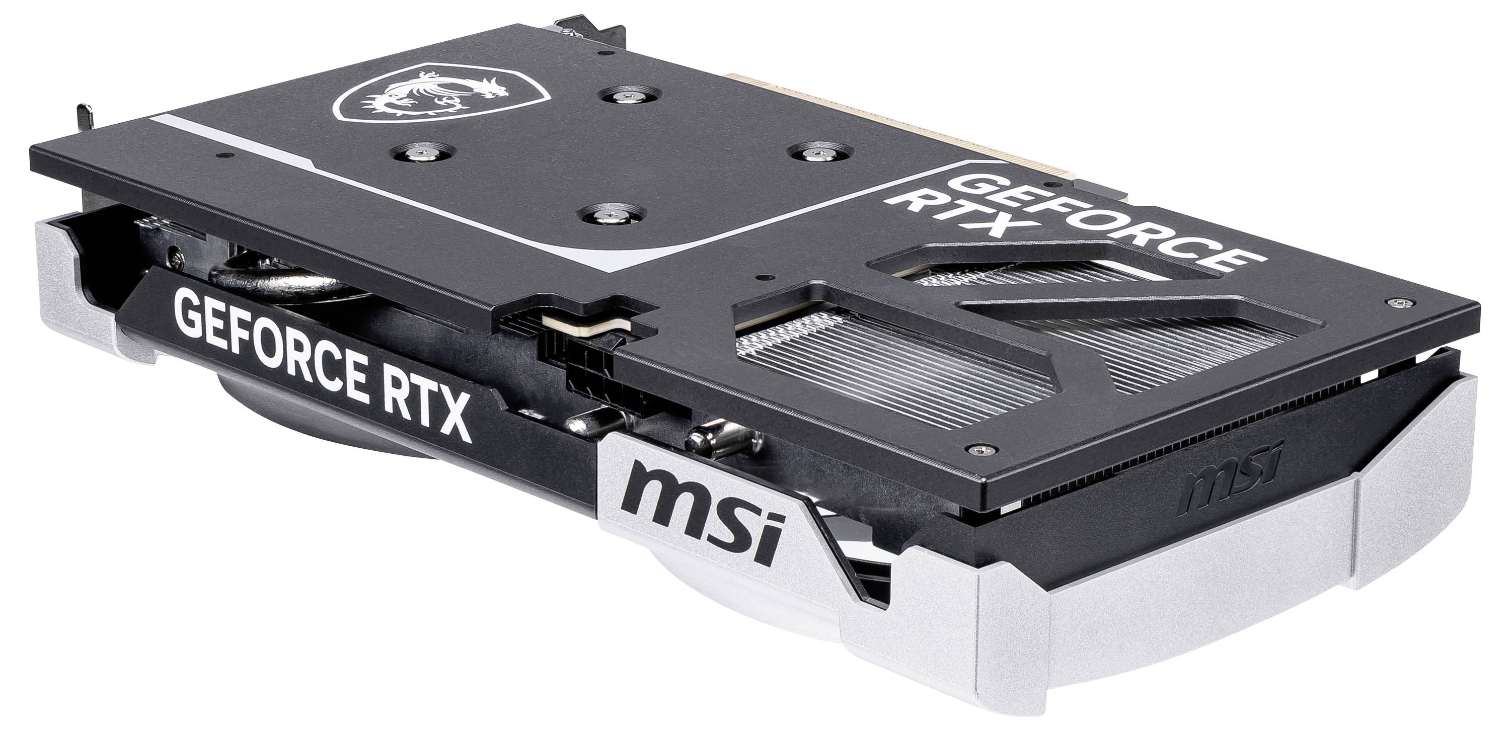 Eine Grafikarte von MSI mit der Beschriftung 'GeForce RTX'. Sie zeigt blaue Kühlrippen und das MSI-Logo, geeignet für Gaming.