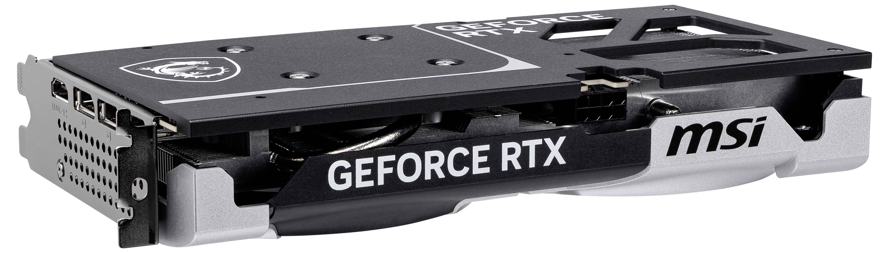 Grafikkarte MSI GeForce RTX, schwarz-silbernes Design, mit Lüftern und Anschlüssen, geeignet für Hochleistungs-Grafikanwendungen.