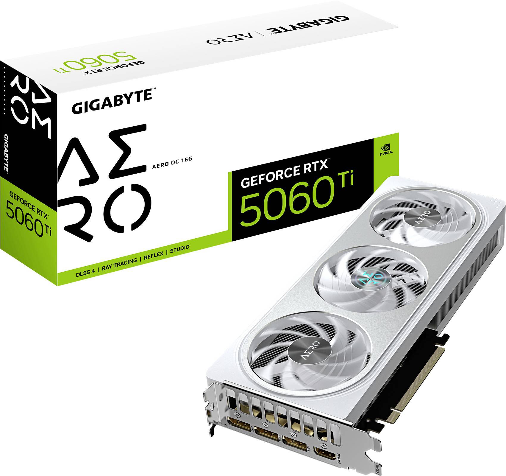 Grafikkarte Gigabyte GeForce RTX 5060 Ti Aero OC mit drei Lüftern und Verpackung. Geeignet für DLSS 3, Ray Tracing und Studio.