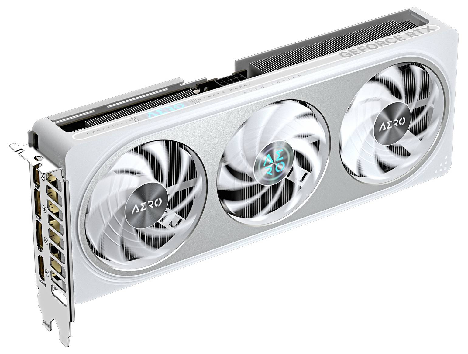 Eine weiße Grafikkarte mit drei Lüftern und der Aufschrift 'AERO' auf jedem Lüfter. Benutzeroberflächenanschlüsse sind an der Seite sichtbar.