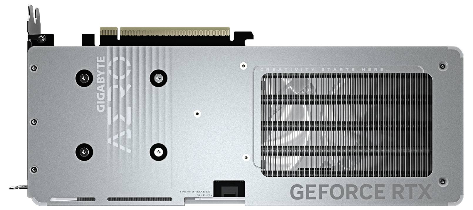 Grafikkarte von oben, silbernes Design mit eingraviertem Text 'GeForce RTX' und 'GIGABYTE'. Große Lüftungsschlitze rechts.
