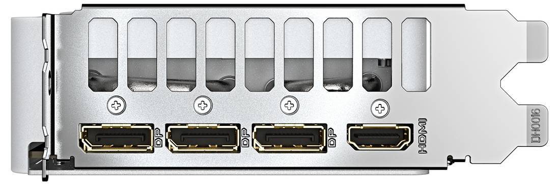 Ein Computer-Grafikkartenanschluss mit vier DisplayPort-Ausgängen. Die Karte ist silbern mit schwarzen und goldenen Anschlüssen.