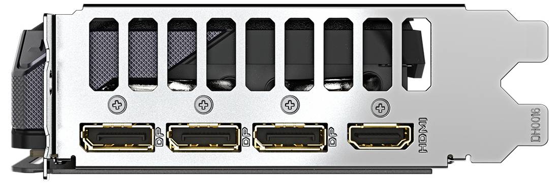 Vier HDMI-Anschlüsse auf der Rückseite einer Grafikkartenblende, bereit für den Anschluss an Monitore oder Fernseher.
