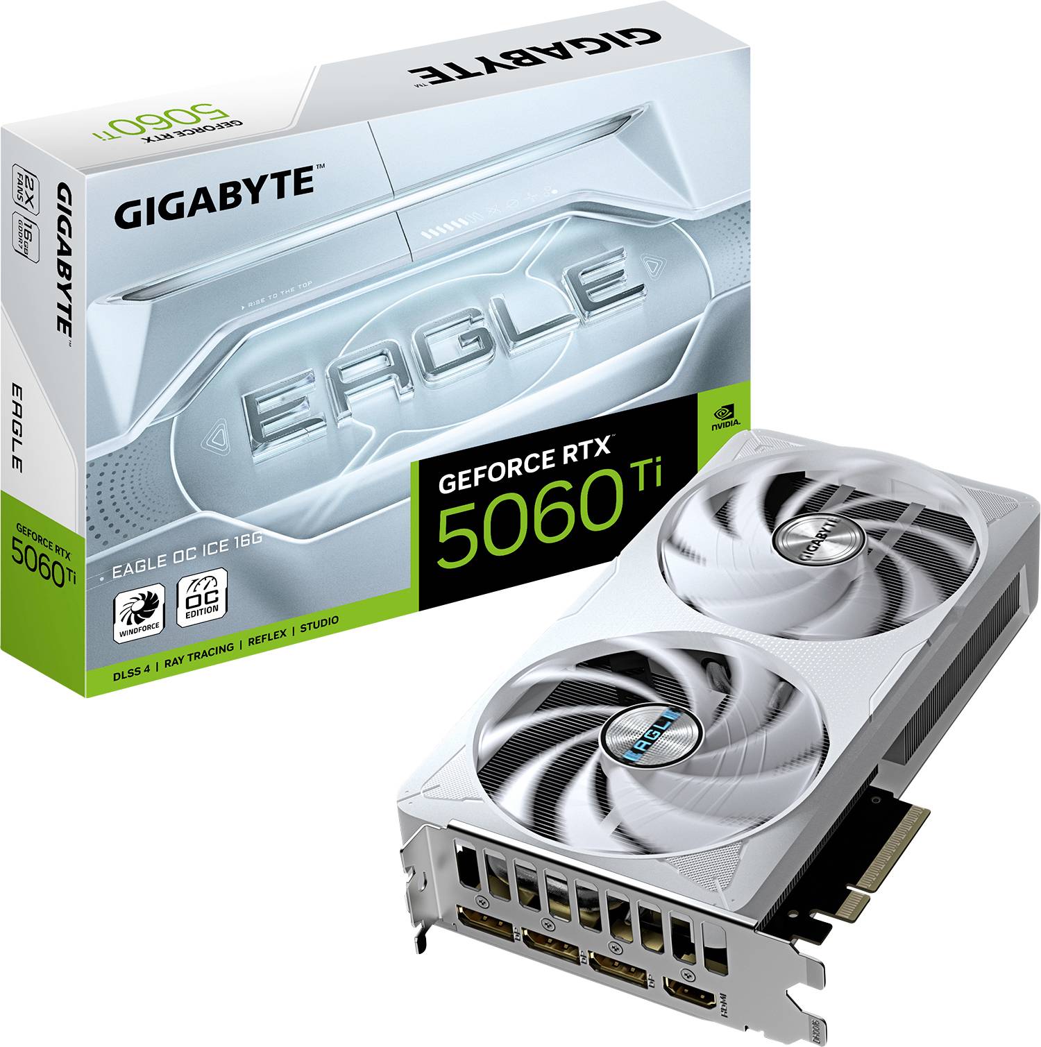 Grafikkarte Gigabyte GeForce RTX 5060 Ti mit Verpackung. Die Karte zeigt zwei Lüfter und mehrere HDMI/DisplayPort-Anschlüsse.