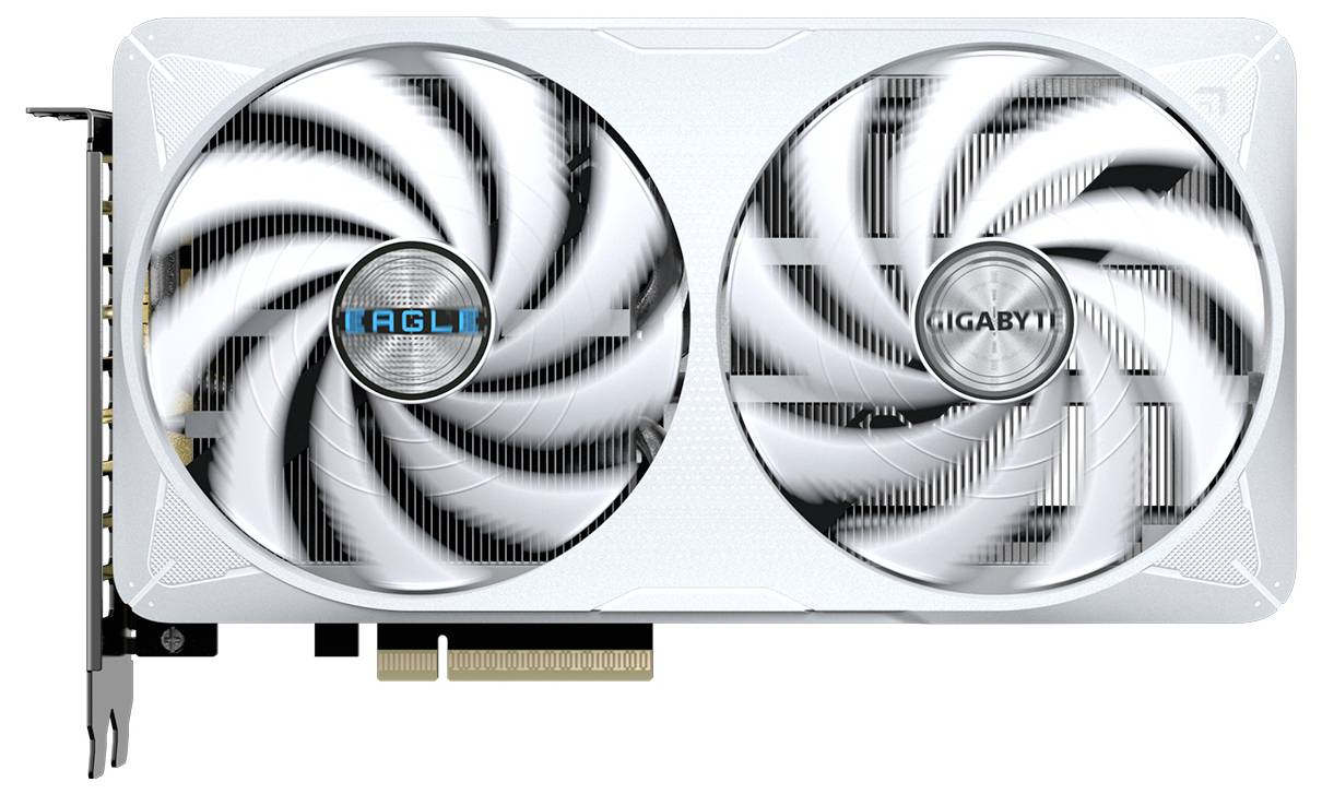 Eine weiße Computer-Grafikkarte mit zwei großen Lüftern und der Marke 'Gigabyte' darauf. Sie ist für die Kühlung und Grafikverarbeitung geeignet.