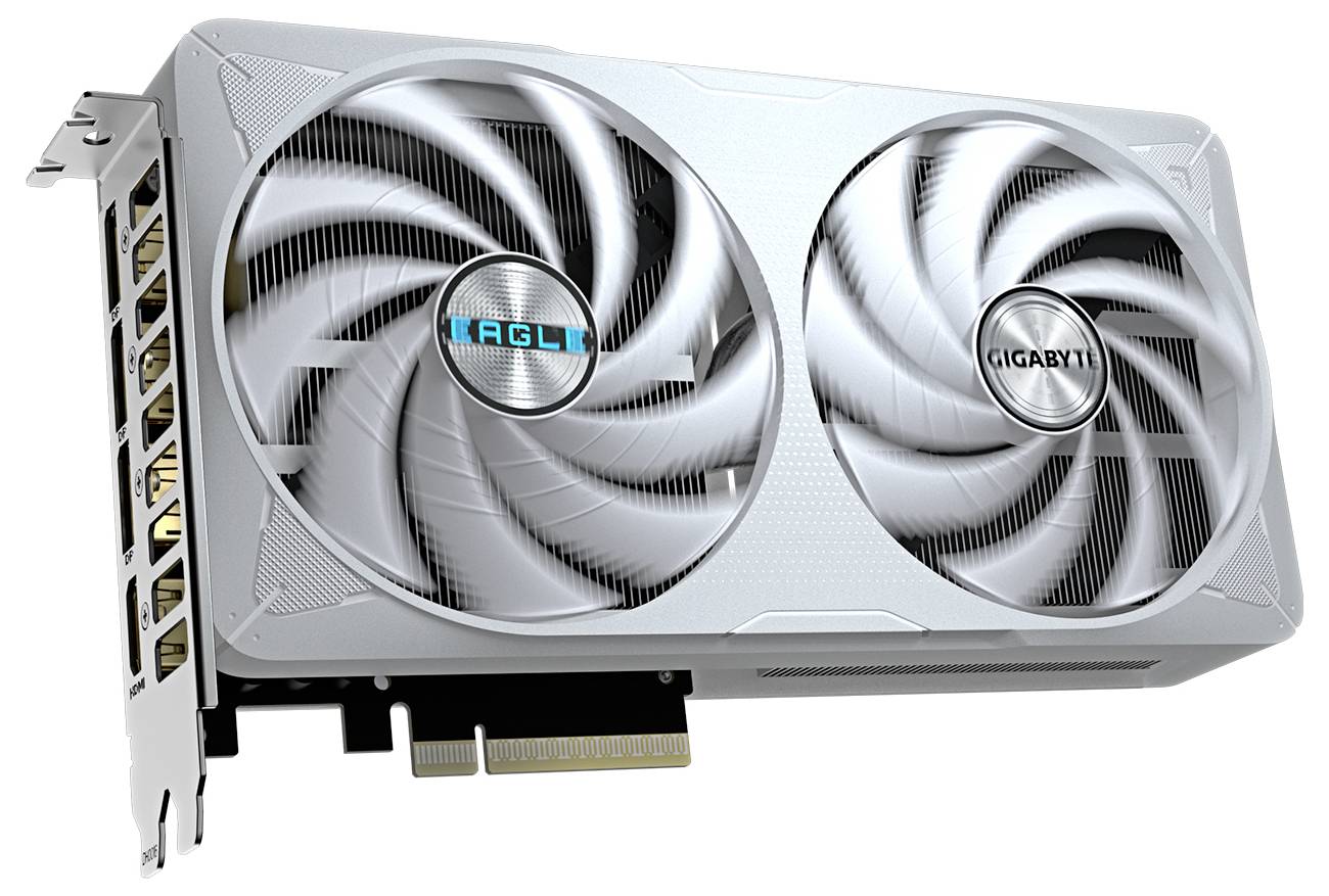 Eine weiße Computer-Grafikkarte mit zwei großen Lüftern, Markenlogo sichtbar. HDMI- und Display-Anschlüsse an der Seite.