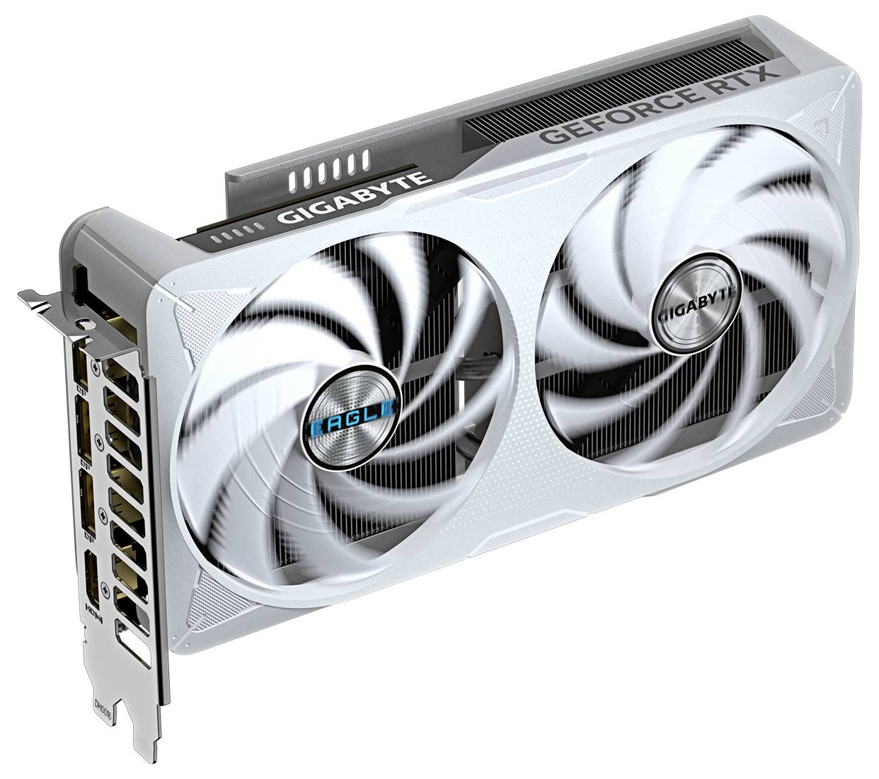 Grafikkarte in weißem Design mit zwei Lüftern, Aufschrift 'Gigabyte GeForce RTX'.