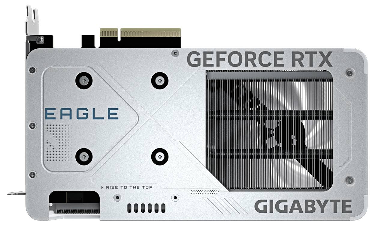 Grafikkarte 'Gigabyte GeForce RTX Eagle' in silbernem Gehäuse mit sichtbarem Lüfter und Anschlüssen.