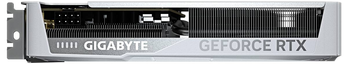Grafikkarte der Marke Gigabyte mit Beschriftung 'GeForce RTX', seitliche Ansicht zeigt Lüfter und Kühlrippen für Wärmeableitung.