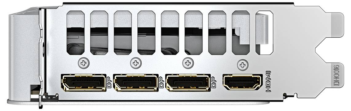 Die Abbildung zeigt die Rückseite einer Grafikkarte mit drei DisplayPort-Anschlüssen und einem HDMI-Anschluss.