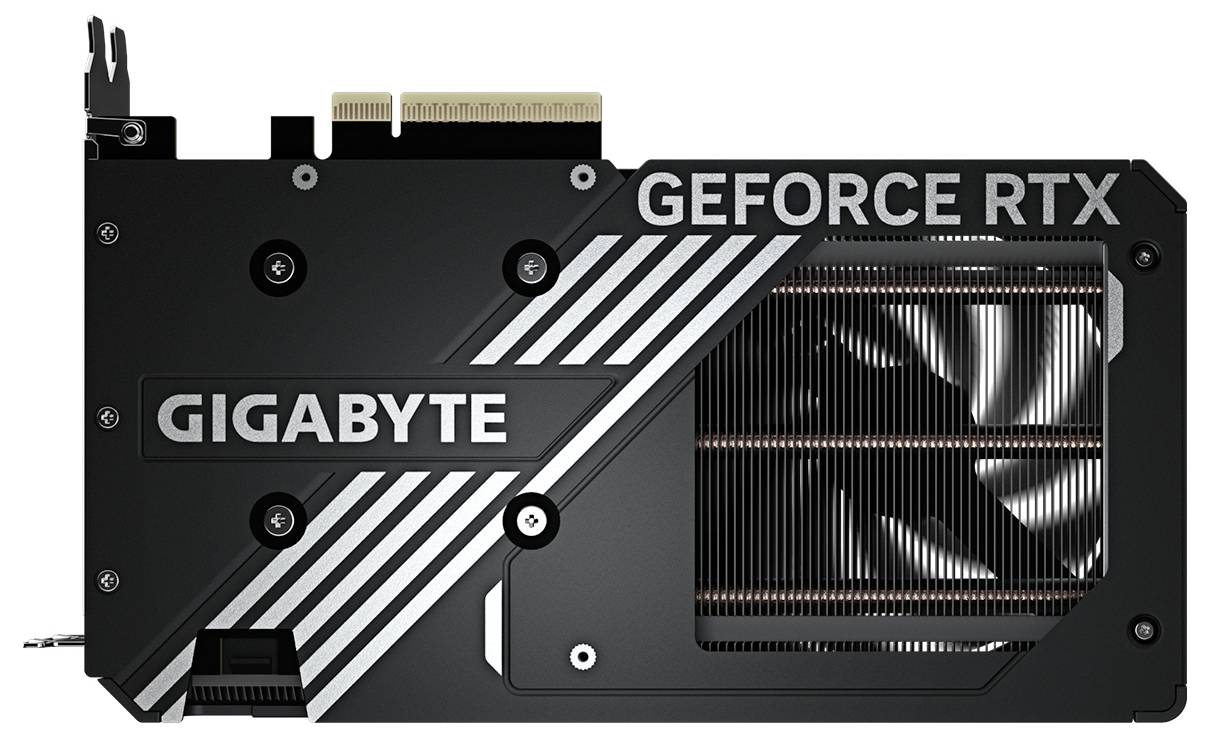 Grafikkarte von Gigabyte, Modell Geforce RTX. Sicht auf die Rückseite mit Lüfter und Kühlrippen.