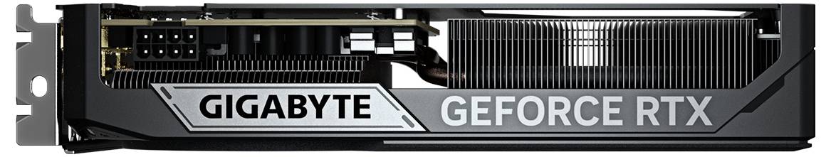 Grafikkarte seitlich mit Aufschrift 'GIGABYTE GEFORCE RTX', zeigt Lüfter und Anschlussstellen.