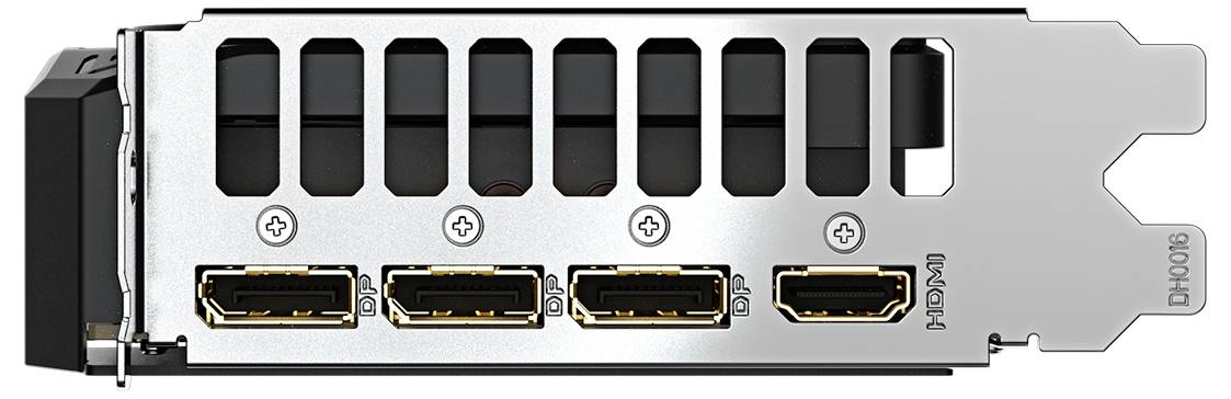Rückansicht einer Grafikkarte mit vier DisplayPort-Ausgängen und einem HDMI-Ausgang. Metallabdeckung mit mehreren Lüftungsschlitzen.