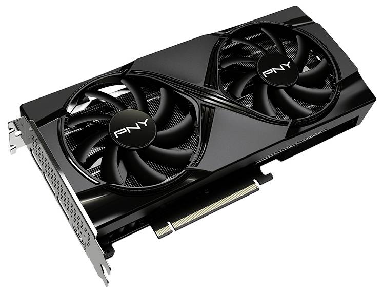 Schwarze Grafikkarte von PNY mit zwei Lüftern und PCI-Schnittstelle. Ideal für Gaming und hochleistungsfähige Anwendungen.