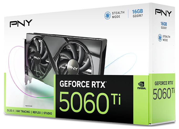 Verpackung der 'PNY GeForce RTX 5060 Ti' Grafikkarte, 16GB GDDR7. Enthält Informationen zu DLSS 4, Ray Tracing, Reflex und Studio.