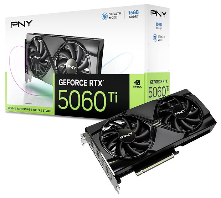 Eine PNY GeForce RTX 5060 Ti Grafikkarte mit 16 GB GDDR7-Speicher, präsentiert vor ihrer Verpackung.