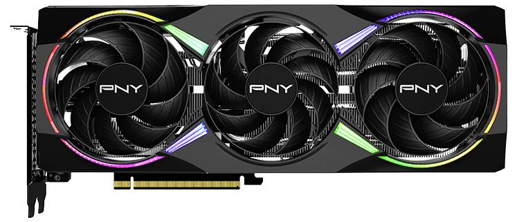 Eine schwarze PNY-Grafikkarte mit drei großen Lüftern und gestreifter RGB-Beleuchtung, geeignet für leistungsstarke Computeranwendungen.