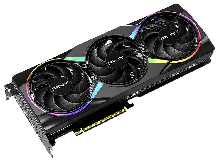 Drei-lüfter-Grafikkarte mit schwarzem Gehäuse und RGB-Beleuchtung, Marke 'PNY', für leistungsstarke Computeranwendungen.