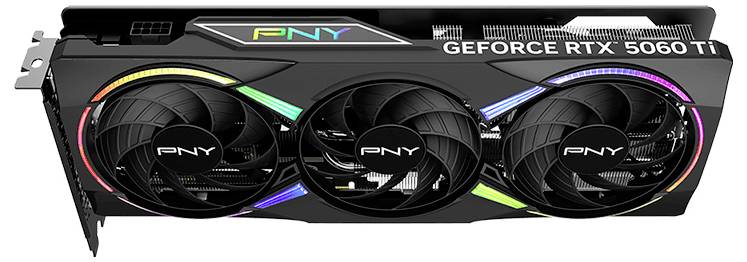 Grafikkarte PNY GeForce RTX 5060 Ti mit drei Lüftern und RGB-Beleuchtung.