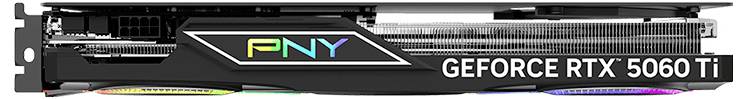 Grafikkarte von PNY, Modell GeForce RTX 5060 Ti, mit RGB-Beleuchtung und Lüftern sichtbar.