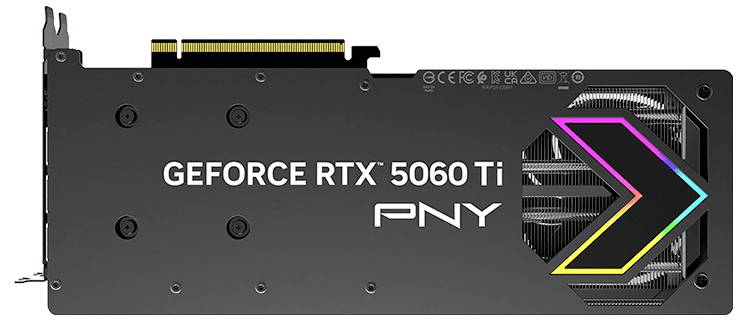 Grafikkarte von PNY mit der Aufschrift 'GeForce RTX 5060 Ti' und einem großen, bunten Pfeil neben einem Lüfter.