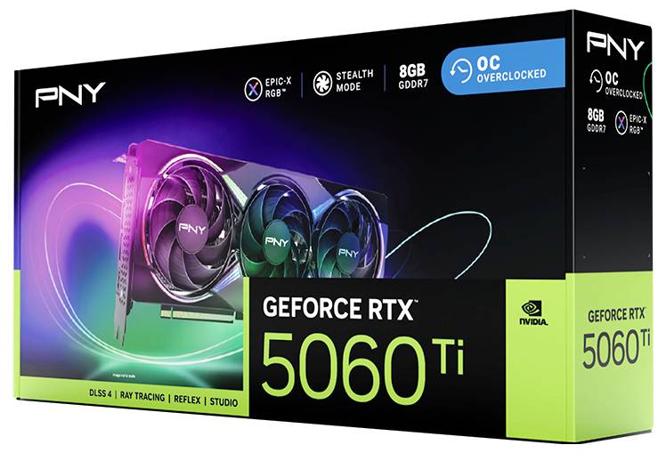 Grafikkarten-Verpackung von PNY für GeForce RTX 5060 Ti. Aufdrucke: '8GB GDDR7', 'OC Overclocked', 'DLS 3.0', 'Ray Tracing', 'RGB'.