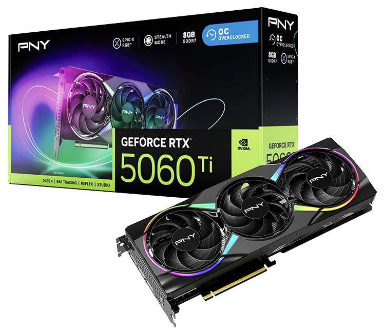 Eine übertaktete PNY GeForce RTX 5060 Ti Grafikkarte mit 8 GB GDDR7 VRAM. Die Verpackung hebt EPIC-X RGB Lighting und Raytracing hervor.