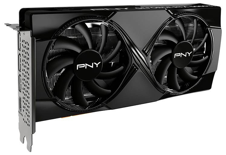 Grafikkarte mit zwei Lüftern, schwarzes Design mit der Aufschrift 'PNY' auf den Lüftern.