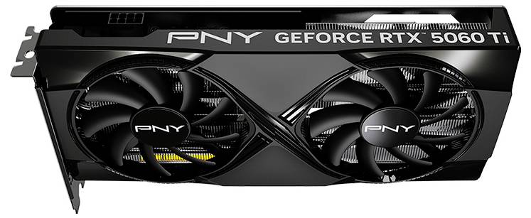 Grafikkarte in Schwarz von PNY mit zwei Lüftern, Modell 'GEFORCE RTX 5060 Ti', angebracht auf einem Metallrahmen für Computer.