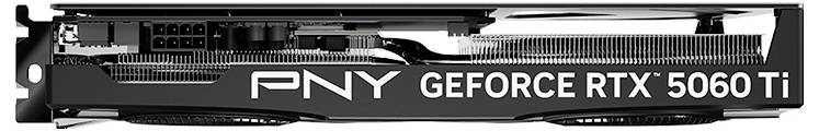 Grafikkarte von PNY, Modell 'GeForce RTX 5060 Ti', in seitlicher Ansicht, zeigt Kühlrippen und Anschlüsse.