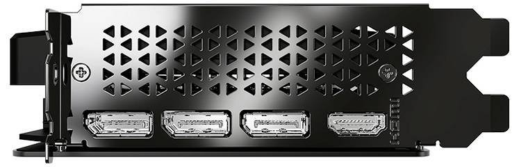 Grafikkartenrückseite mit Anschlussblenden. Zeigt HDMI- und DisplayPort-Anschlüsse, wichtig für die Verbindung mit Monitoren.