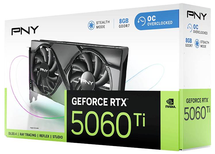 Verpackung einer PNY GeForce RTX 5060 Ti Grafikkarte mit 8GB GDDR7. Enthält Stealth-Modus und Overclocking-Möglichkeiten.