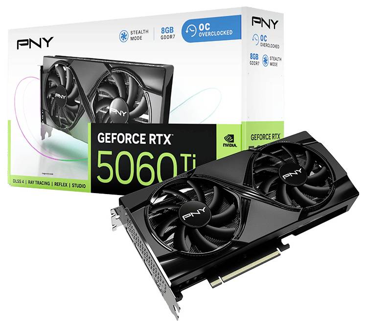 'PNY GeForce RTX 5060 Ti' Grafikkarte, 8GB GDDR7, zeigt eine doppelte Lüfterkühlung. Verpackung im Hintergrund mit technischen Details.
