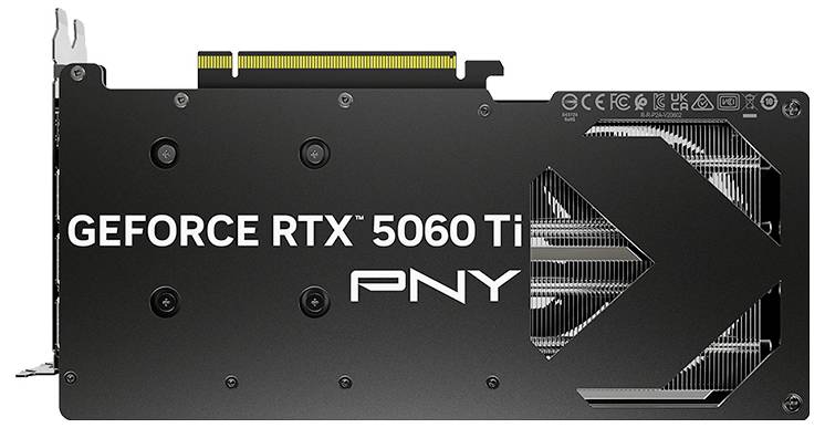 Grafikkarte PNY GeForce RTX 5060 Ti mit Lüfter- und Anschlusspanelansicht. Modellname und Logo sind auf der Rückseite sichtbar.