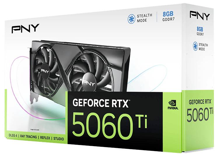 Verpackung einer PNY GeForce RTX 5060 Ti Grafikkarte mit 8 GB GDDR7, hervorgehoben im Kartondesign. Enthält Logos und technische Merkmale.