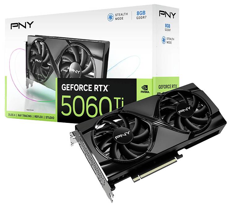 Eine PNY GeForce RTX 5060 Ti Grafikkarte mit Verpackung. Auf der Verpackung sind 8 GB GDDR6 und NVIDIA-Technologien wie DLSS und Ray Tracing hervorgehoben.