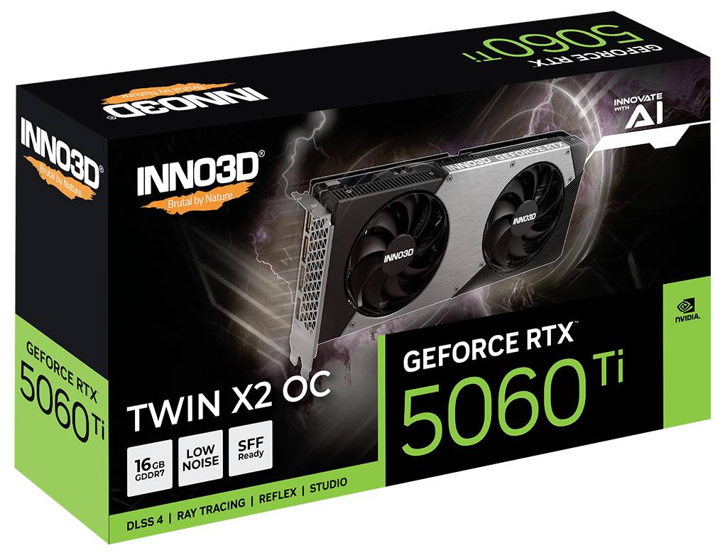 Grafikkartenverpackung von INNO3D, Modell GeForce RTX 5060 Ti Twin X2 OC, mit 16 GB GDDR7, DLSS 4, Ray Tracing und SFF Ready.