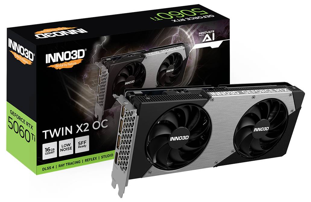 Zwei Lüfter-Grafikkarte 'INNO3D GeForce RTX 3060 Ti Twin X2 OC' vor ihrer Verpackung. Funktionen umfassen DLSS 4, Ray Tracing.