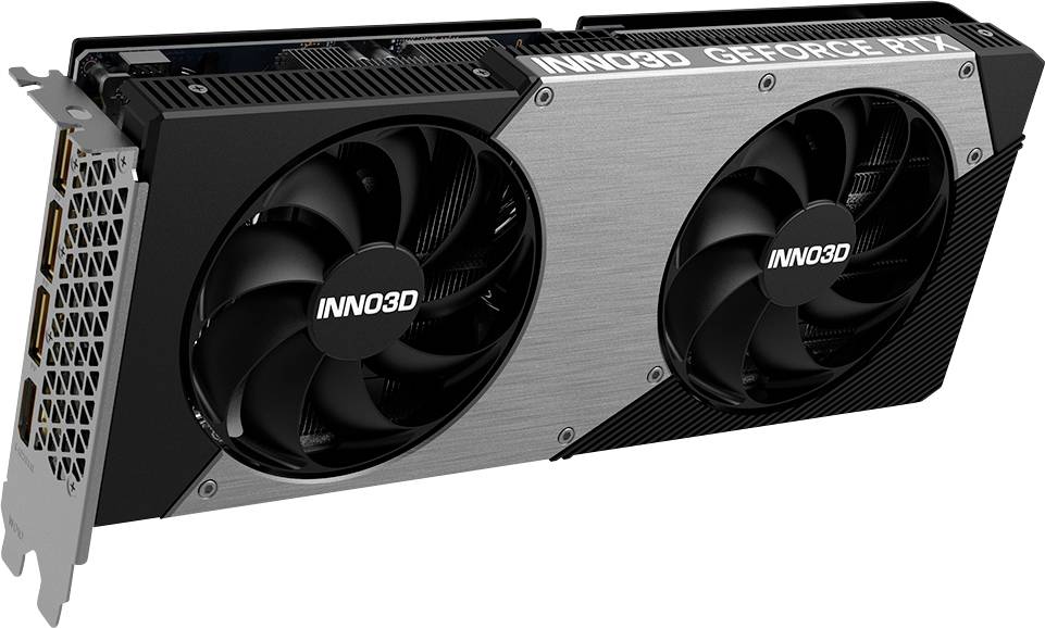 Eine Grafikkarte von INNO3D, Modell GEFORCE RTX, mit zwei Lüftern und grauem Gehäuse. Sie dient der Verarbeitung komplexer Grafiken.