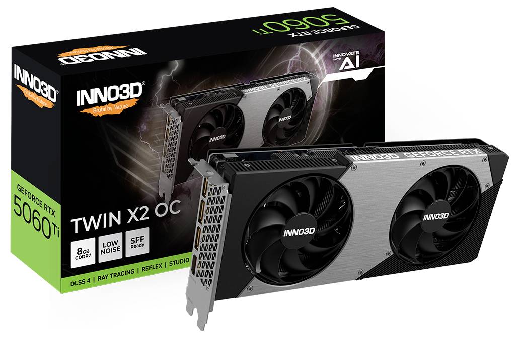 Grafikkarte RTX 3060 Ti Twin X2 OC von Inno3D vor ihrer Verpackung. Enthält 8 GB, DLSS 4, Ray Tracing und niedrige Geräuschentwicklung.