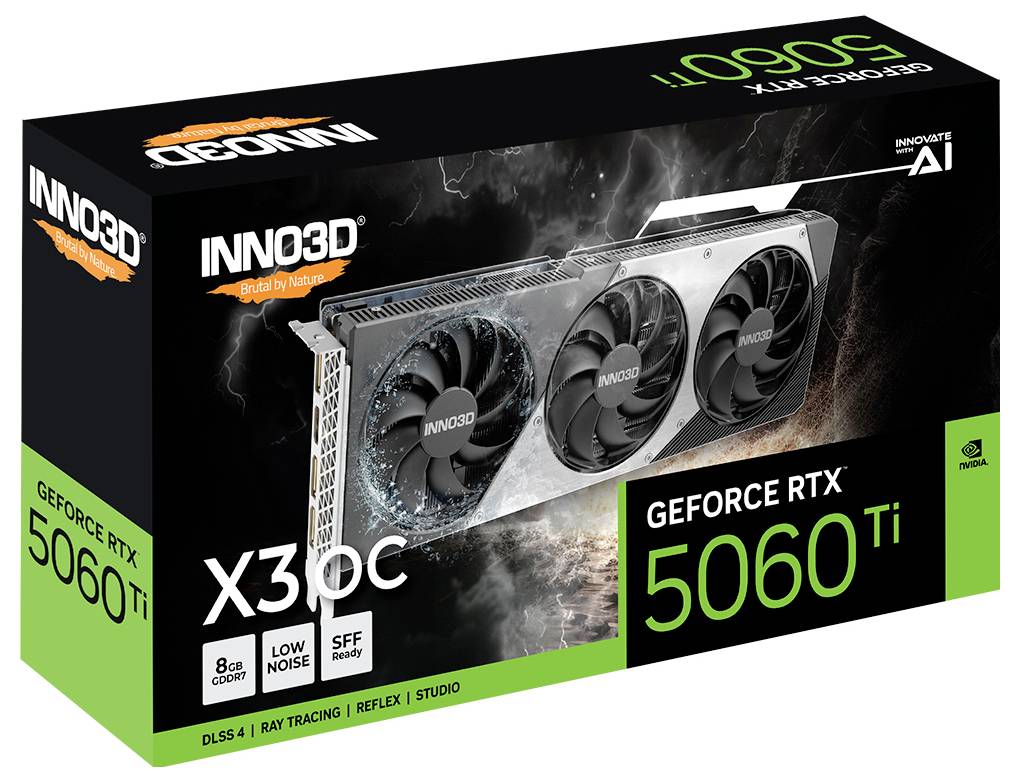 INNO3D GeForce RTX 5060Ti X3OC Grafikkarte Verpackung. 8 GB GDDR6, Low Noise, SFF Ready. Unterstützt DLSS 4, Ray Tracing, Reflex, Studio.