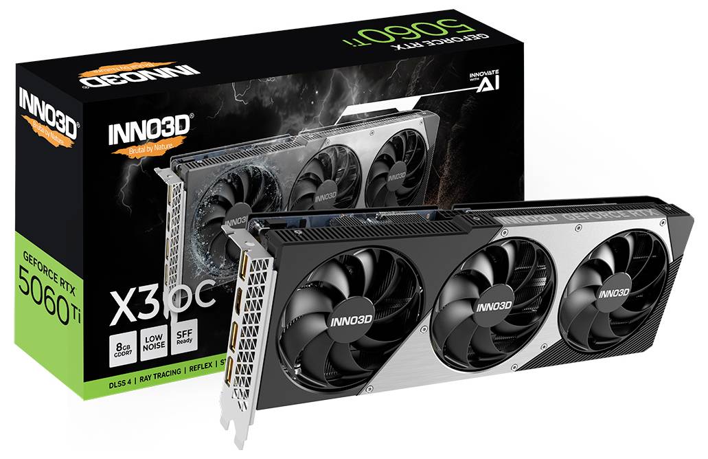 Eine Grafikkarte Inno3D GeForce RTX 3060 Ti wird vor ihrer Verpackung gezeigt. Sie hat drei Lüfter und unterstützt Ray Tracing.