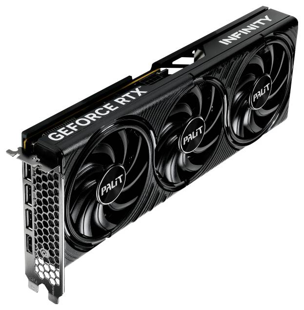 Grafikkarte mit drei Lüftern, 'Palit' und 'Geforce RTX' Beschriftung, mit mehreren Display-Anschlüssen auf der Seite.