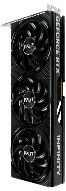 Eine schwarze Grafikkarte der Marke Palit mit drei Lüftern und den Beschriftungen 'GeForce RTX' und 'INIFINITY' auf der Seite.