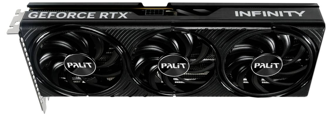 Schwarze Grafikkarte mit drei Lüftern, Aufschrift 'GeForce RTX' und 'INFINITY'. Markenname 'PALIT' auf den Lüftern.