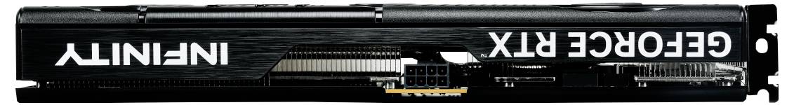 Grafikkarte von oben mit der Aufschrift 'INFINITY' und 'GEFORCE RTX' auf der Seite, zeigt Stromanschluss und Lüfterblende.