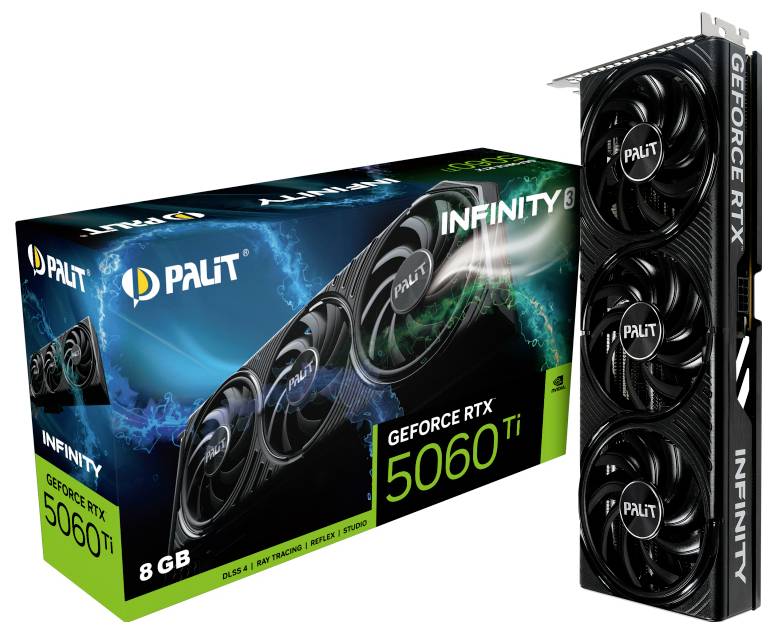 Eine Grafikkarte und ihre Verpackung sind abgebildet. Auf der Verpackung steht 'Palit GeForce RTX 5060 Ti 8GB'.