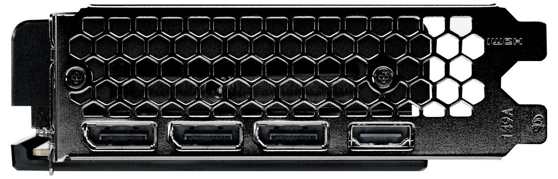 Rückseite einer Grafikkarte mit vier DisplayPorts und einem HDMI-Anschluss, umgeben von einer hexagonalen Lüftungsöffnung.