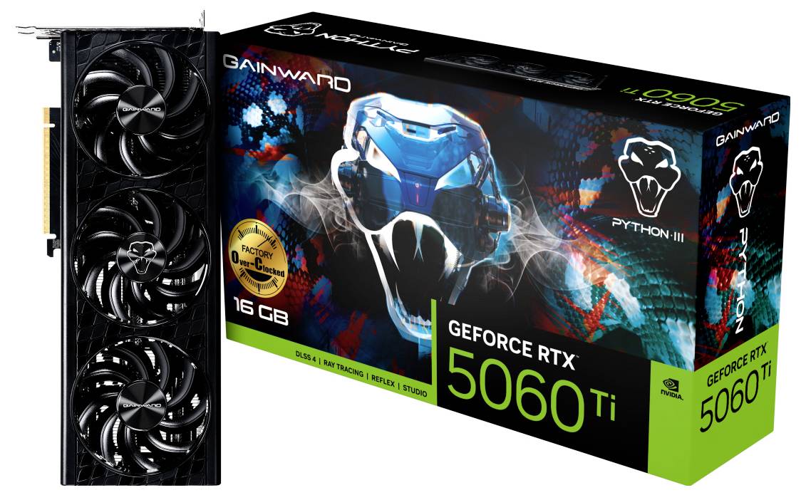 'Gainward GeForce RTX 5060 Ti' Verpackung und Grafikkarte mit drei Lüftern, 16 GB Speicher, abgebildet neben einer Schlangen-Abbildung.